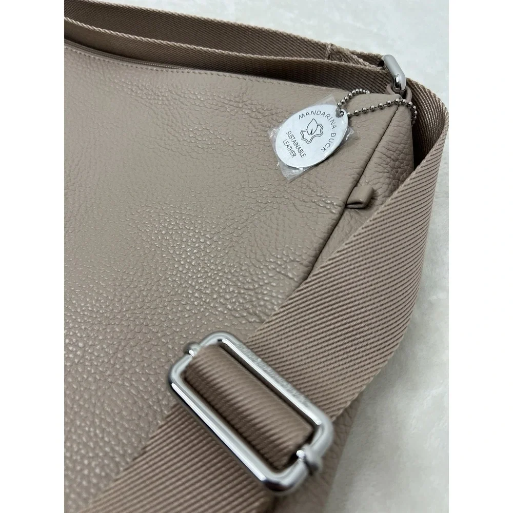 Mandarina Duck Leather Hobo Shoulder Bag Taupe Jacquard Strap Backpack Tote NEW!
